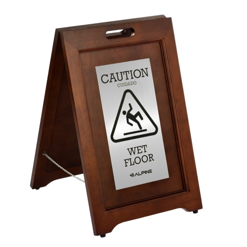 Alpine Industries 2-Sided Stainless Steel Plated Wood Wet Floor Sign